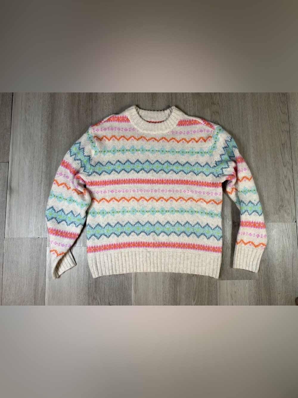 American Eagle Women’s Fair Isle Knit Crewneck Pullover Sweater Pastel Cream XS.